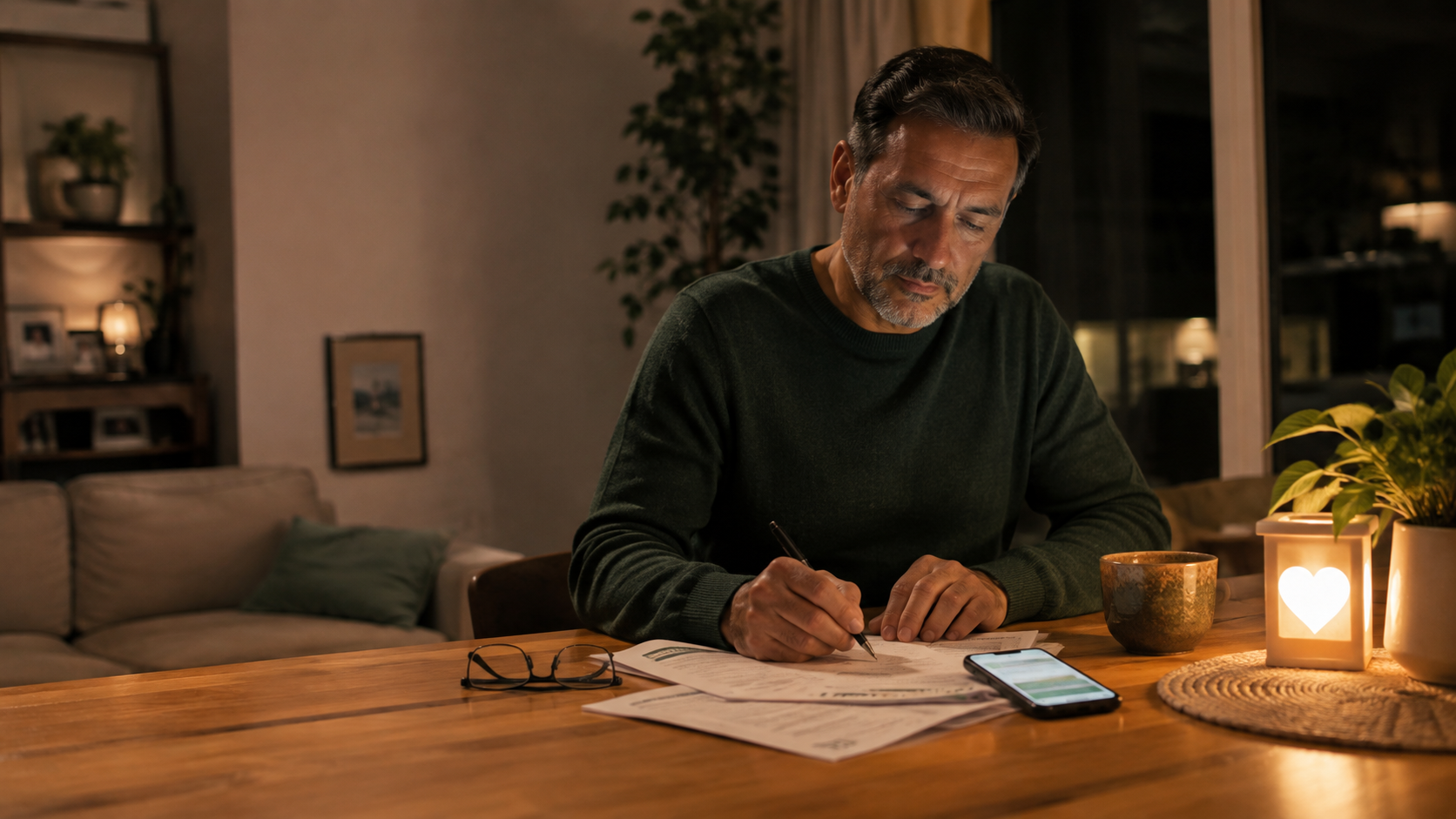 A family caregiver reviewing care paperwork at his kitchen table in the evening, with his phone and a lit lantern beside him