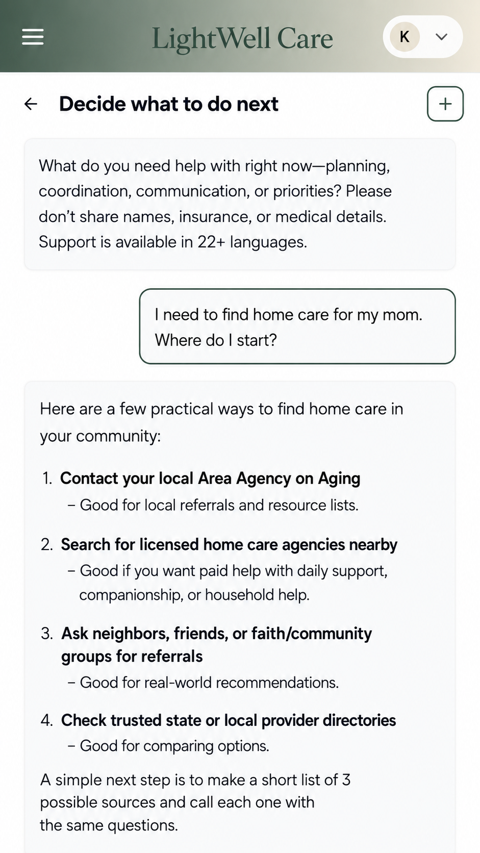 LightWell Care on a phone: a caregiver asks how to start finding home care for her mom, and LightWell Care lists practical places to contact and a next step